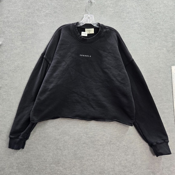 YoungLA Women Sweatshirt Medium Black Terry Crop Logo Oversized Long Sleeve Crew - Picture 1 of 10